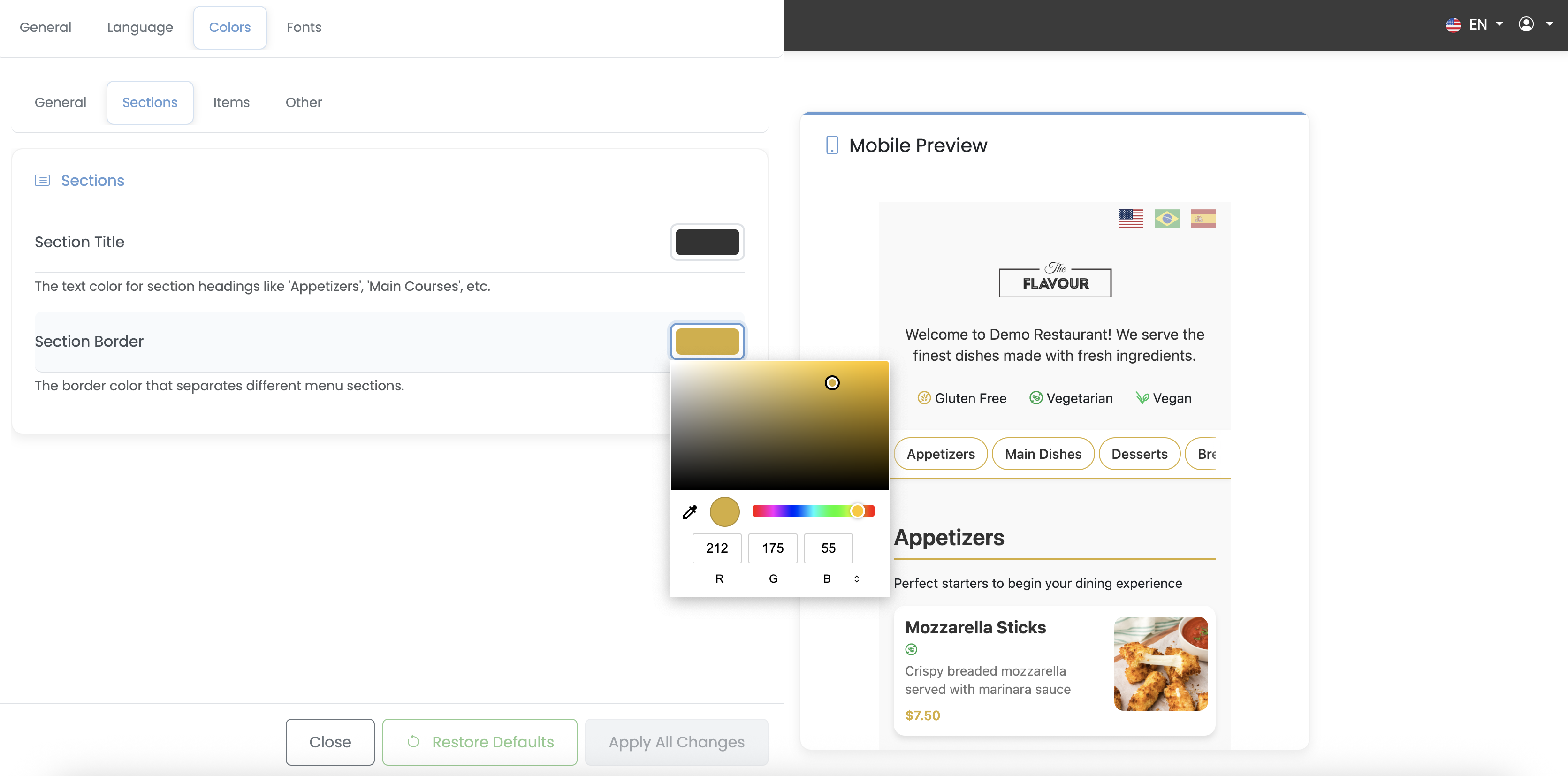 Menu design customization interface