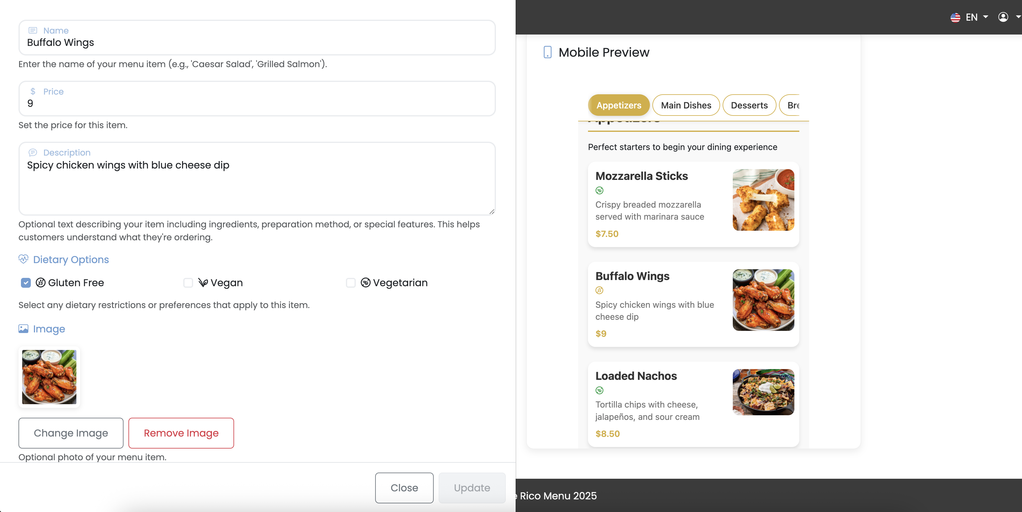 Menu instant updates interface