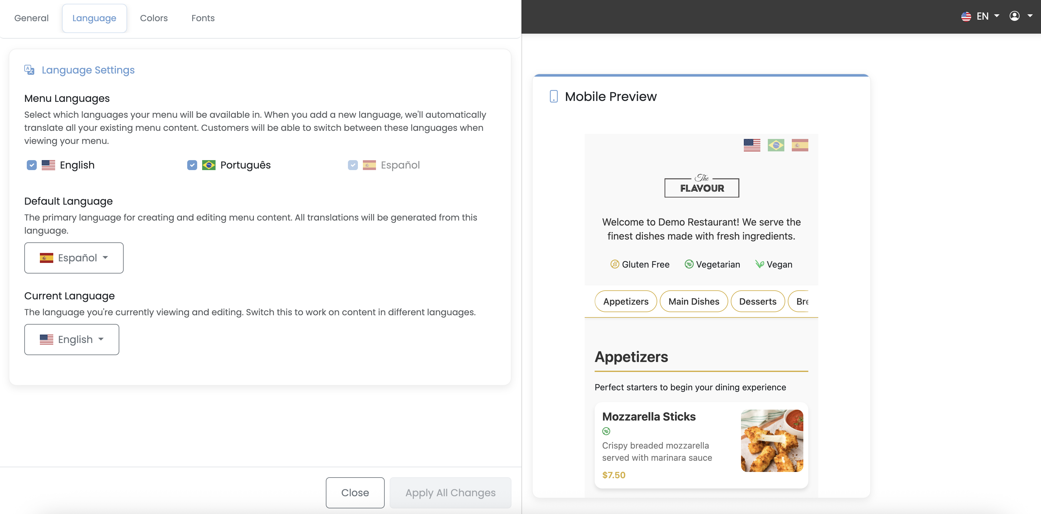 Multi-language menu interface