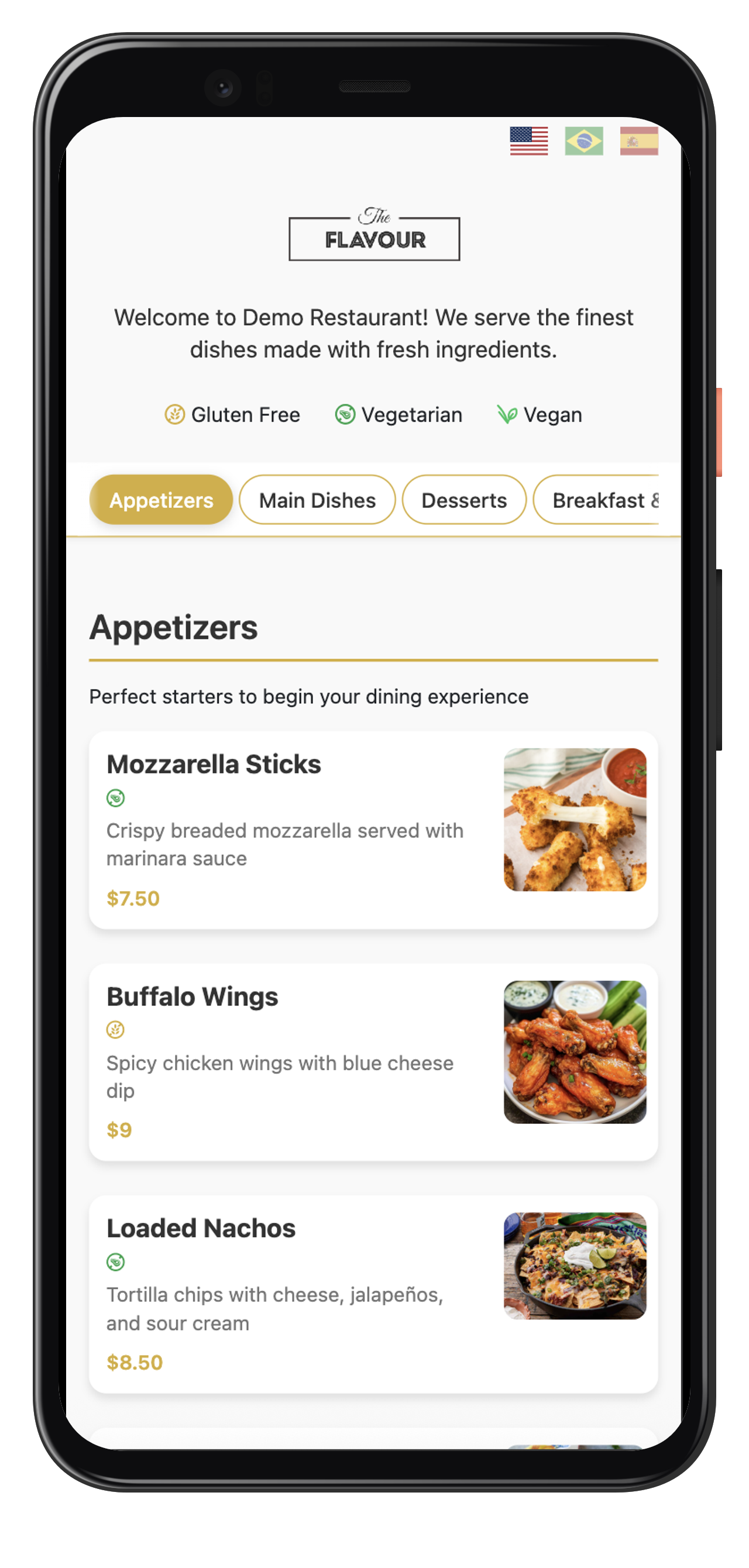 Digital menu on smartphone